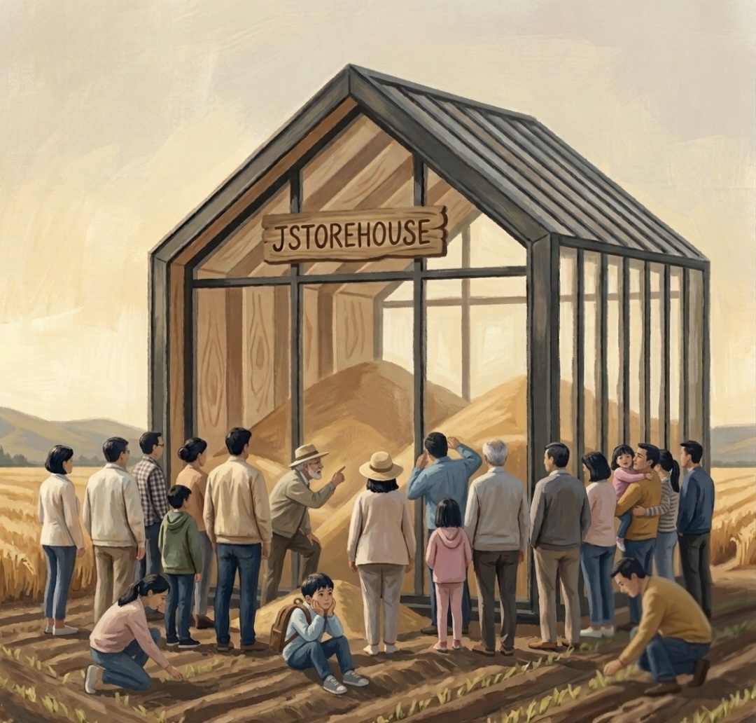 밀밭 위 곳간(JSTOREHOUSE) 앞에 모인 공동체 일러스트